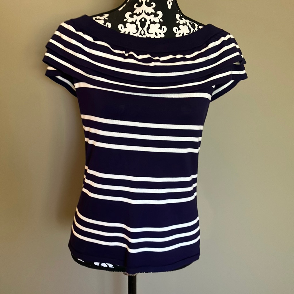 Navy Striped Sleeveless Knit Top With Double Ruffle Over Neckline.